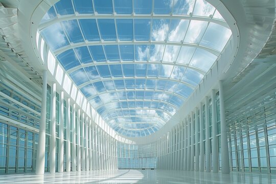 A modern building with a glass ceiling and white pillars. The sky is visible through the glass.