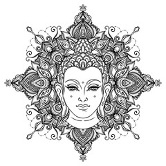 Buddha face over ornate mandala round pattern. Esoteric vintage vector illustration. Indian, Buddhism, spiritual art. Hippie tattoo, spirituality, Thai god, yoga zen Coloring book pages for adults.