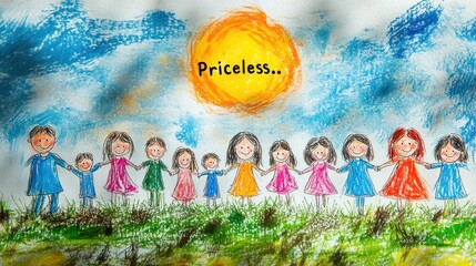 A colorful crayon drawing of a group of children holding hands in a field with a sun and the word "priceless" in the sky.