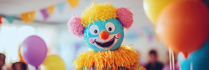 colorful kawaii clown pinata, party atmosphere