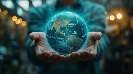 Fototapeta premium A Earth Diagram Float Just Above His Hands, With A Light Glow Outlining The Earth, And Light Clouds Above The Earth As A Symbol Of Climate Change