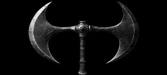 A simplistic outline of a battle axe with sharp, symmetrical blades and a basic handle, displayed in a bold, monochrome format for a striking visual