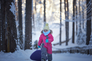 Whimsical Adventure, A Visionary Girl in a Pink Coat Embarks on Her Snowy Slope Expedition