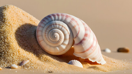A sea shell partially buried in a pile of sand, emphasizing the shell's shape and the surrounding sandy environment.