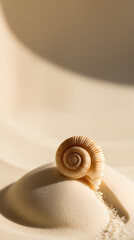 A sea shell partially buried in a pile of sand, emphasizing the shell's shape and the surrounding sandy environment.