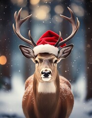 Christmas deer with Santa Hat, with snow forest background, photorealistic, highly detailed, high contrast.