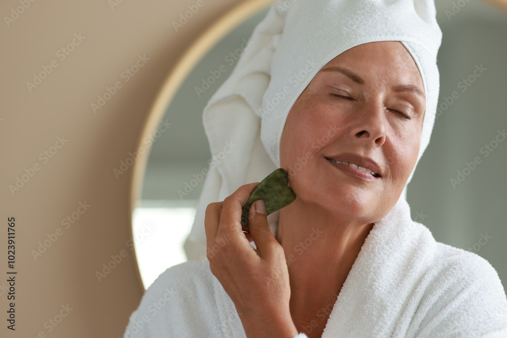 Canvas Prints Beautiful young woman doing facial massage with gua sha tool indoors