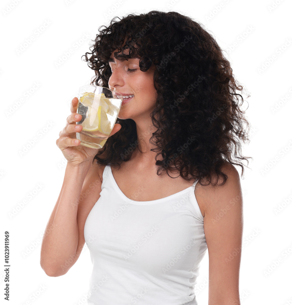 Sticker Woman drinking water with lemon on white background