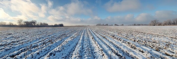 farm field in winter, crops covered in snow 