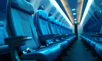 Obraz premium A row of vibrant blue seats lined up inside an airplane cabin