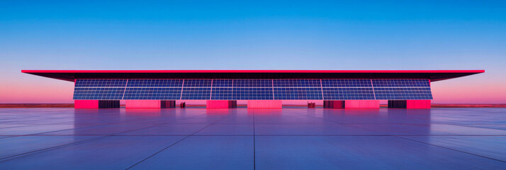 A modern, minimalist building with solar panels against a vibrant pink and blue sunset sky.