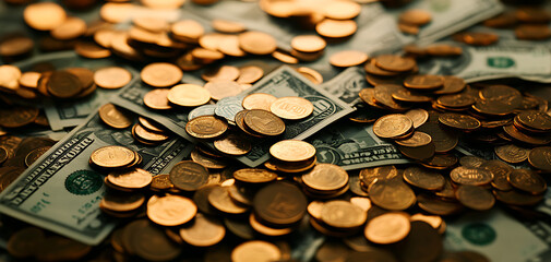 Close-up of coins and dollar bills arranged on a surface.