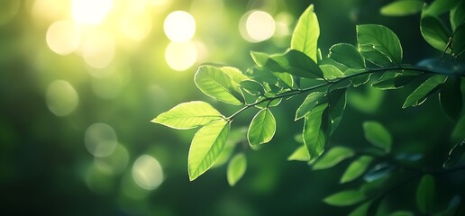 Green leaves on a branch illuminated by the sun's rays.