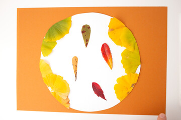 step in creative project how to make leaf art of carp fish, yellow, green, red leaves on white...