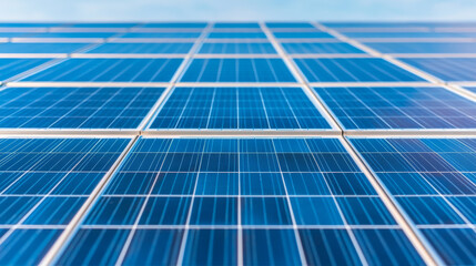 Close-up of solar panels with a blue sky in the background.