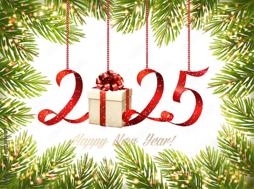 Aufkleber Merry Christmas and Happy New Year background with tree branches and numbers 2025. Vector.