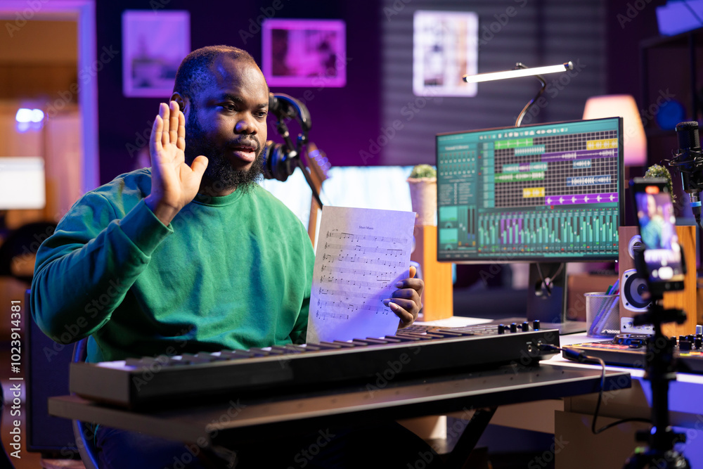Poster Skilled performer explaining sheet with musical notes on online video tutorial, doing internet lessons in his home studio. Producer artist teaching how to read acoustical notation, playing piano.