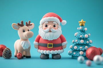 Obraz premium Christmas scene of Santa Claus, reindeer and Christmas tree made of clay on a pastel blue background, with space for text.