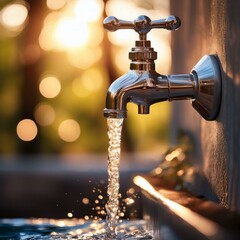 the faucet is on with running water in bokeh background