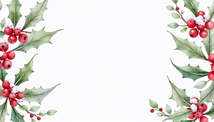 Fototapeta premium Festive Christmas background with holly leaves and berries, cheerful and decorative, ideal for cards, copy space
