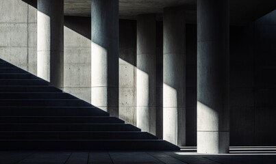 Obraz premium Abstract composition focusing on the structural pillars of a skyscraper in Rotterdam, presenting a dramatic play of light, shadow, and form