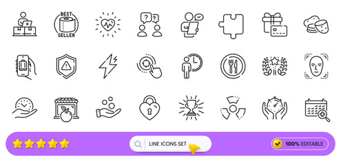Trophy, Face detection and Ranking line icons for web app. Pack of Shield, Potato, Gift card pictogram icons. Heartbeat, Donation money, Seo target signs. Baggage app, Online storage. Vector