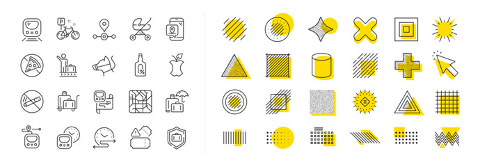 Subway map, Station location, Metro rules. Design shape elements. Underground line icons. Dog on leash, Apple core, No smoking outline icons. Vector