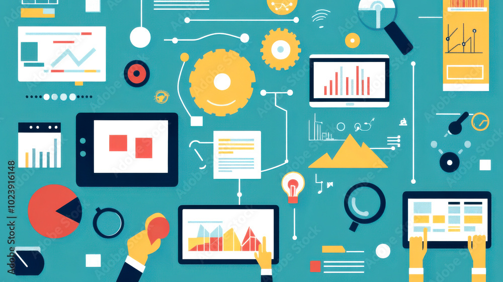 Wall mural colorful illustration of data analysis with charts, tablets, and gears. ideal for business, analytic