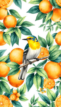 Watercolor seamless pattern with citrus and leaves, bird peacoc. Illustration isolated with white highlights, png