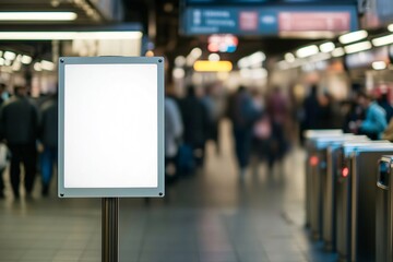Fototapeta premium Advertising information banner is displayed in a subway station as commuters pass by