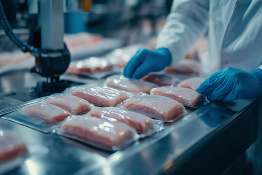 Factory Worker in Blue Gloves Packaging Fresh Meat