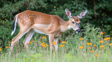 Fototapeta premium Young Deer Grazing in Wildflower Meadow