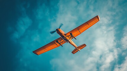 An orange propeller plane flying in a clear blue sky with white clouds.