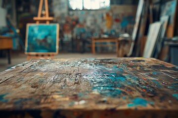 Naklejka premium In a hazy art studio, an unoccupied table displays the artistic chaos of a creative mind