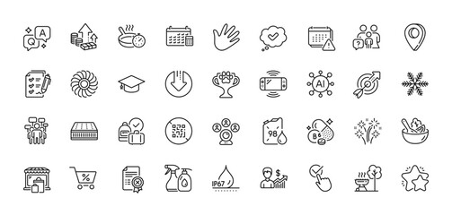 Inflation, Reject certificate and Target line icons pack. AI, Question and Answer, Map pin icons. Calendar, Frying pan, Vitamin b6 web icon. Fan engine, Approved, Petrol canister pictogram. Vector