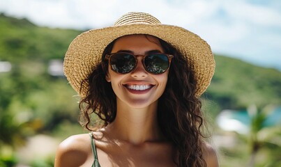 A woman wearing a straw hat and sunglasses is smiling at the camera