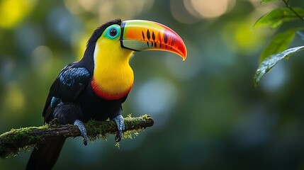 Obraz premium A toucan with a large, colorful beak perches on a branch in a tropical rainforest.