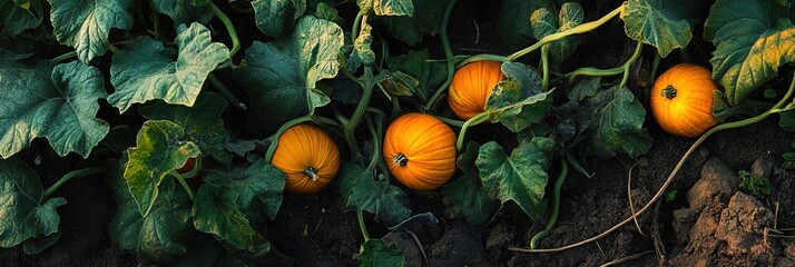 pumpkins growing on vine 