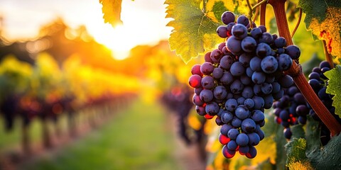 Naklejka premium red grapes growing on grapevine, vineyard background 