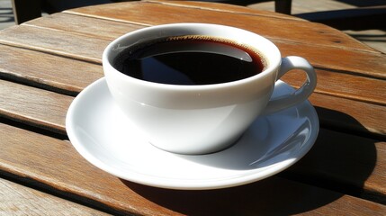 Freshly Brewed Coffee in White Cup on Wooden Table