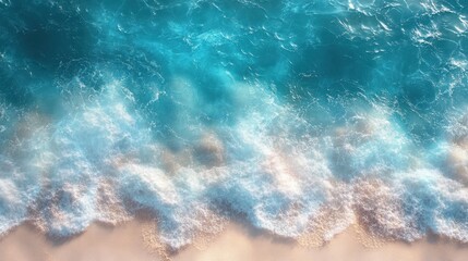Aerial view of turquoise ocean waves crashing on a sandy beach.