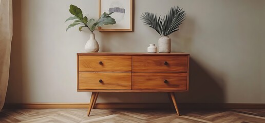 Wooden dresser with four drawers, two vases with plants, and a framed picture above it, on a herringbone wood floor.
