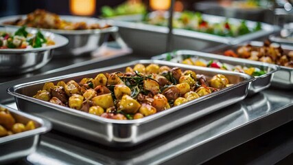 A zoomed-in look at a row of catering chafing dishes, filled with wedding food, showing the reflective metal and elegant presentation of the dishes, video 