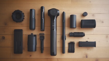 Collection of Black Tools on Wooden Background
