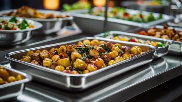 A zoomed-in look at a row of catering chafing dishes, filled with wedding food, showing the reflective metal and elegant presentation of the dishes, video 