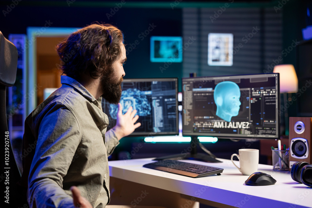 Poster programmer getting interrupted by ai becoming sentient, saluting creator and asking questions about 