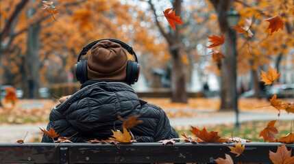 Man in a beanie and headphones sitting on a bench, enjoying music in a fall park with orange leaves swirling around.


