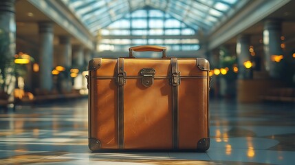A vintage suitcase stands in the middle of an elegant lobby.