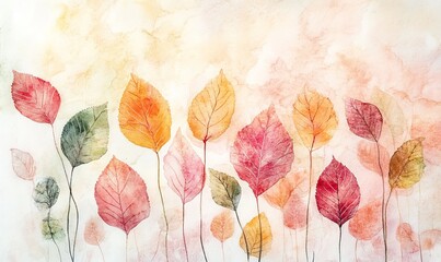 A vibrant collection of autumn leaves showcasing warm tones and intricate details against a soft, light watercolor background
