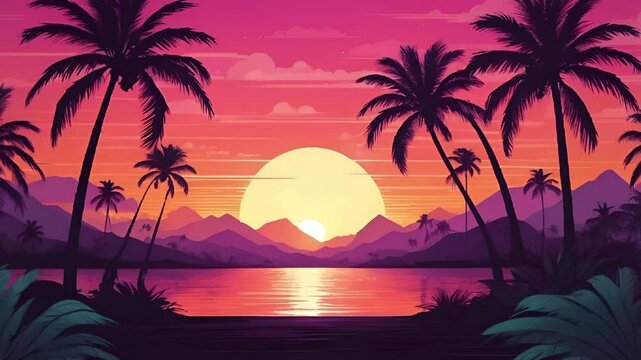 A vintage 90s-style sunset scene with palm trees lining the horizon, vibrant pastel colors filling the sky, and a faint grid pattern on the ground for a retro-futuristic vibe